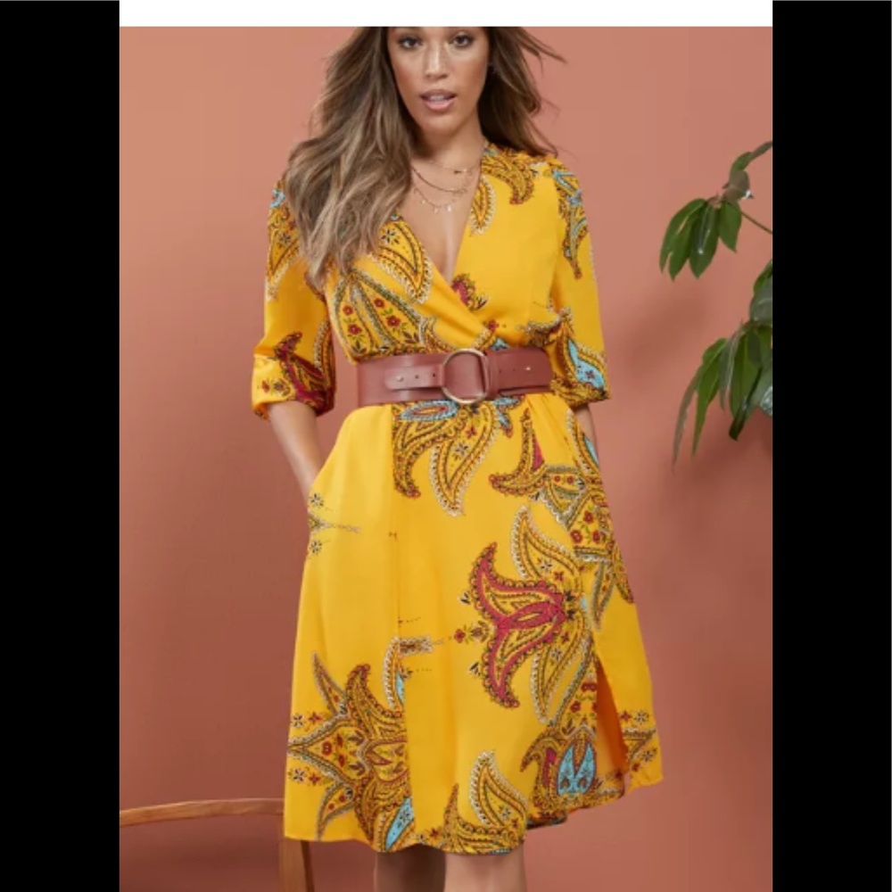 Women’s faux wrap midi dress. Sunny yellow. Size M